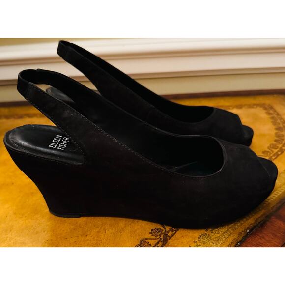 Eileen Fisher Women Black Suede Leather Wedge Peep Toe Slingbak Crescent Shoes 9 - Picture 3 of 12